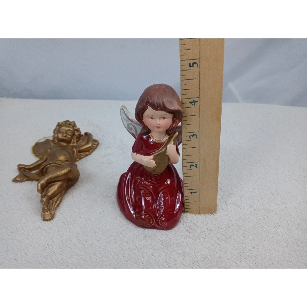 Angel Figurines Set of 2 Gold & Red Harp Hanging Christmas Holiday Decor‎